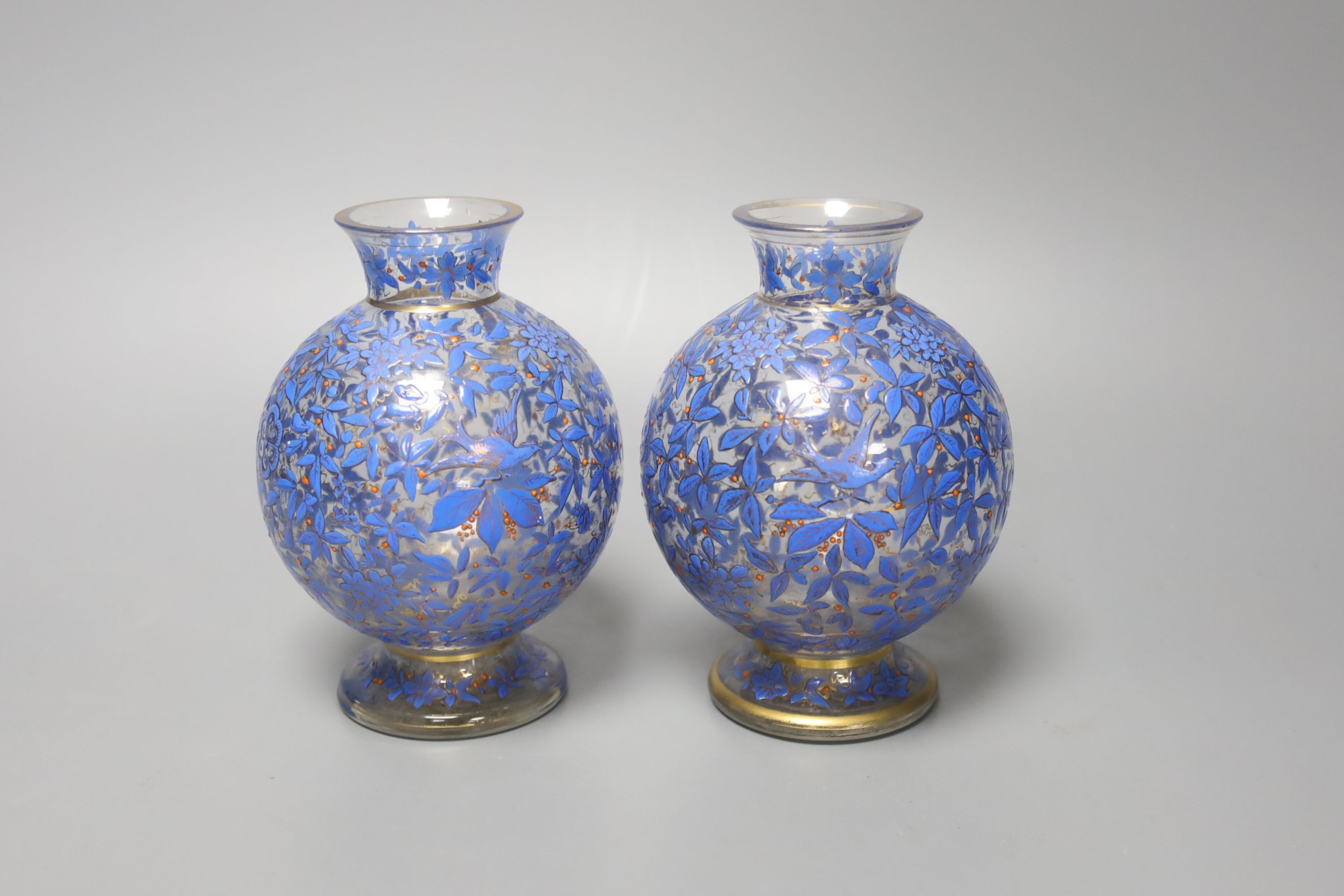 A pair of Bohemian Persian style enamelled glass vases, possibly Moser, 15cm